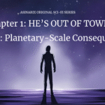 Moody space or tech-noir gradient (dark purples, blues, silvers) Mysterious silhouetted figure, Sci-fi, Interdimensional light, person staring into space.