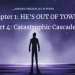 Moody space or tech-noir gradient (dark purples, blues, silvers) Mysterious silhouetted figure, Sci-fi, Interdimensional light, person staring into space.